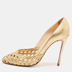 Christian Louboutin Gold Woven Leather Altressita Round Toe Pumps Size 37.5, Pumps - Luxury Closet catalog
