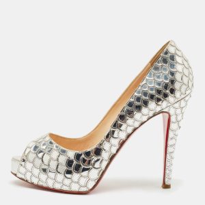 Christian Louboutin Silver Scaled PVC Poseidon Peep Toe Platform Pumps Size 38, Pumps - Luxury Closet catalog