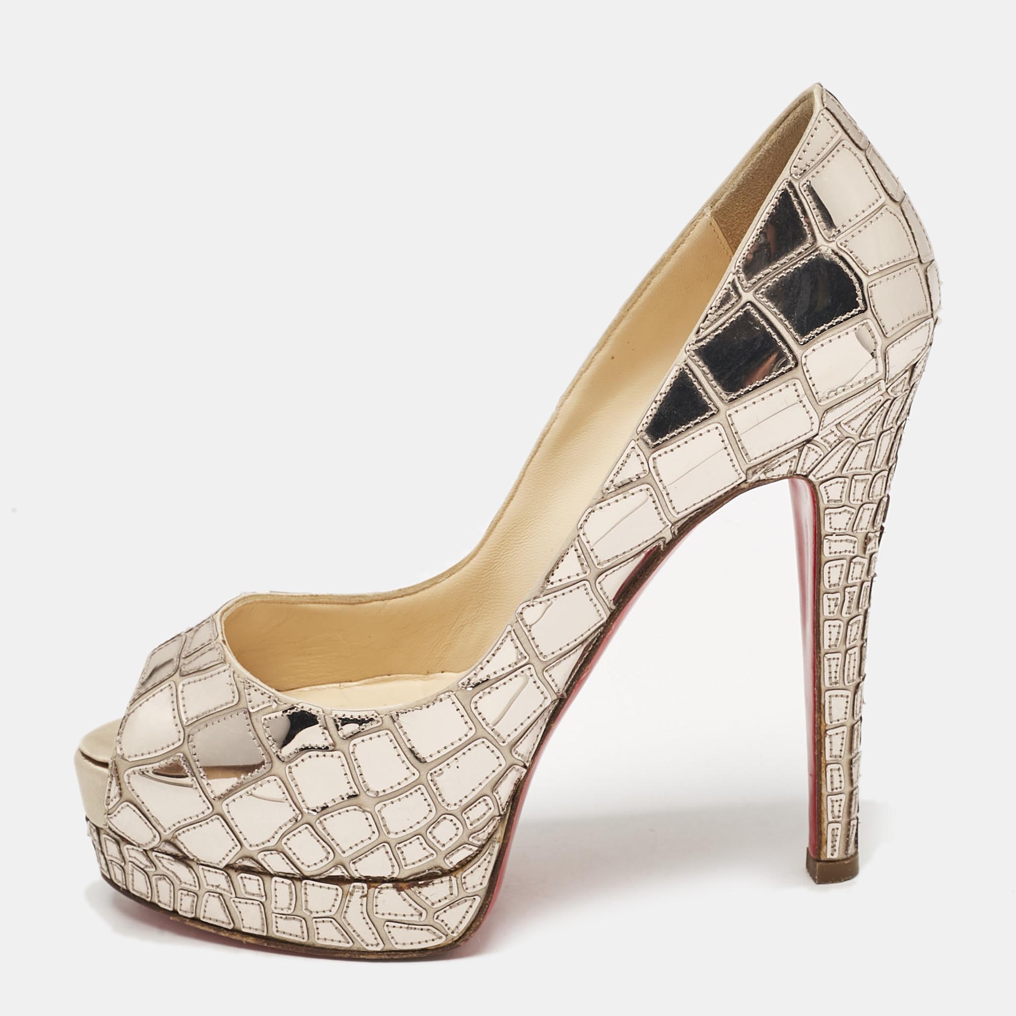 Christian Louboutin Metallic Mirror Leather and Satin Mosaic Sobek Platform Pumps Size 36.5, Pumps - Luxury Closet catalog
