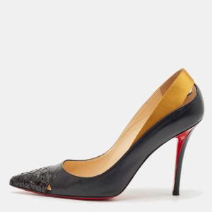 Christian Louboutin Black/Gold Leather and Satin Pointed Toe Pumps Size 39, Pumps - Luxury Closet catalog