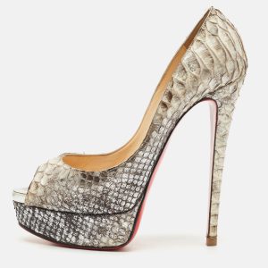 Christian Louboutin Metallic/Silver Python Leather Lady Peep Toe Platform Pumps Size 38.5, Pumps - Luxury Closet catalog