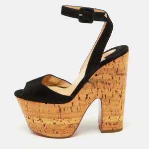 Christian Louboutin Black Suede Super Dombasle Platform Cork Wedge Ankle Strap Sandals Size 36, Sandals - Luxury Closet catalog