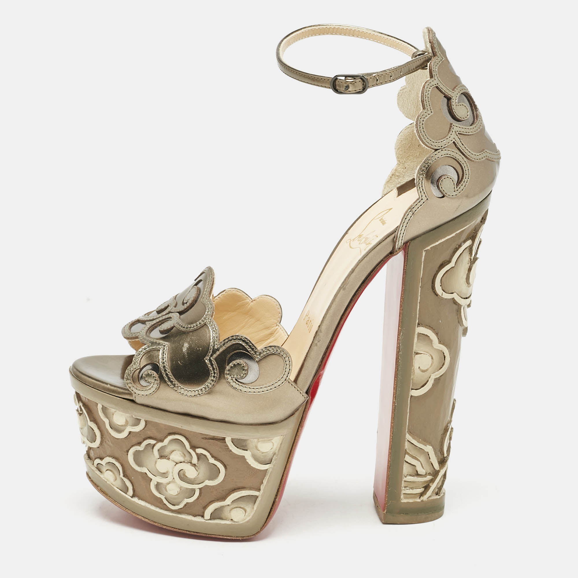 Christian Louboutin Metallic Leather Laser Cut Floral Overlay Houghton Platform Ankle Strap Sandals Size 37.5, Sandals - Luxury Closet catalog