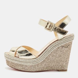 Christian Louboutin Gold Leather Almeria Espadrille Wedge Sandals Size 37, Sandals - Luxury Closet catalog