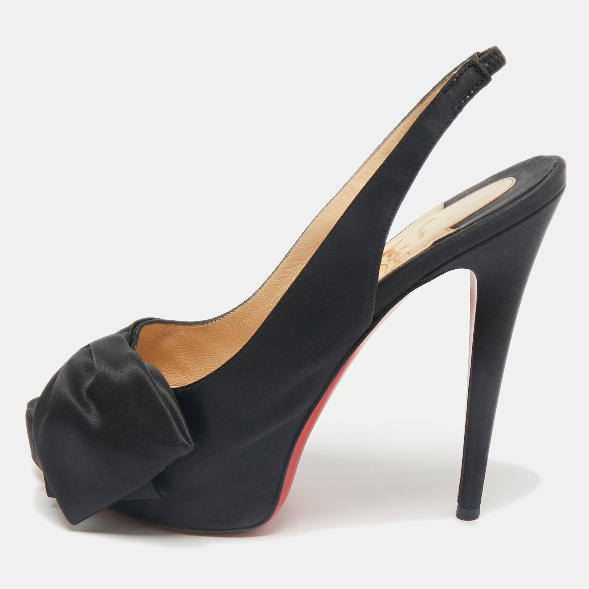 Christian Louboutin Black Satin Bow Peep Toe Platform Slingback Pumps Size 39.5, Pumps - Luxury Closet catalog