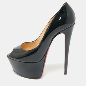Christian Louboutin Black Patent Leather Vendome 120 Peep Toe Pumps Size 38, Pumps - Luxury Closet catalog