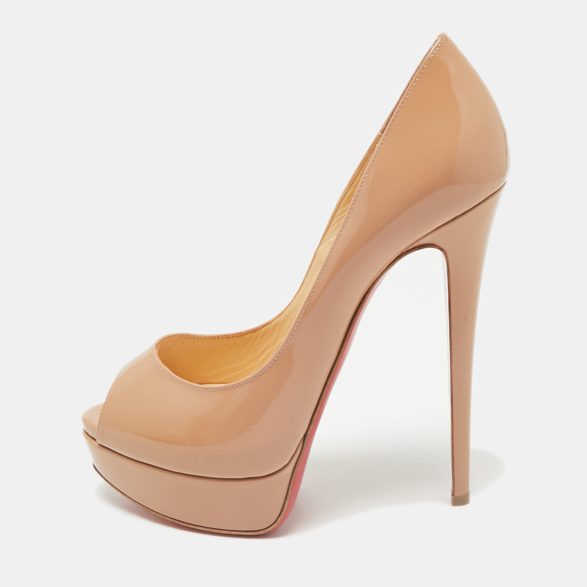 Christian Louboutin Beige Patent Leather Lady Peep Toe Platform Pumps Size 38.5, Pumps - Luxury Closet catalog
