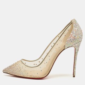 Christian Louboutin Beige Mesh and Glitter Follies Strass Pumps Size 41.5, Pumps - Luxury Closet catalog
