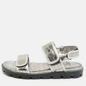 Christian Louboutin Silver Croc Embossed Leather Lock Cool Flat Sandals Size 40, Sandals - Luxury Closet catalog