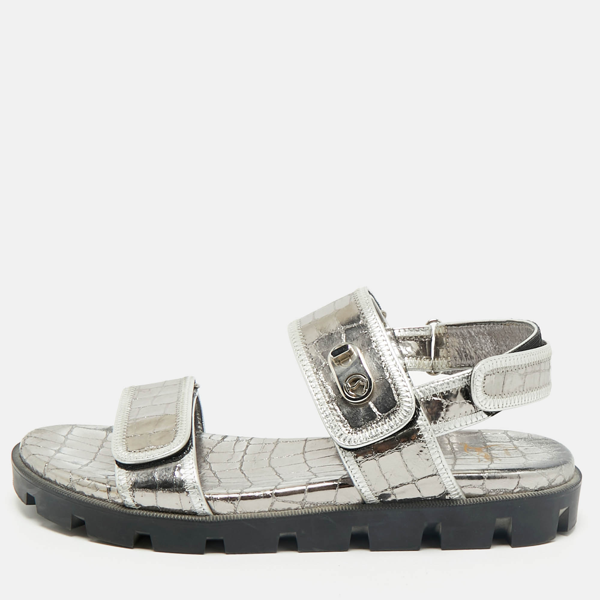 Christian Louboutin Silver Croc Embossed Leather Lock Cool Flat Sandals Size 40, Sandals - Luxury Closet catalog