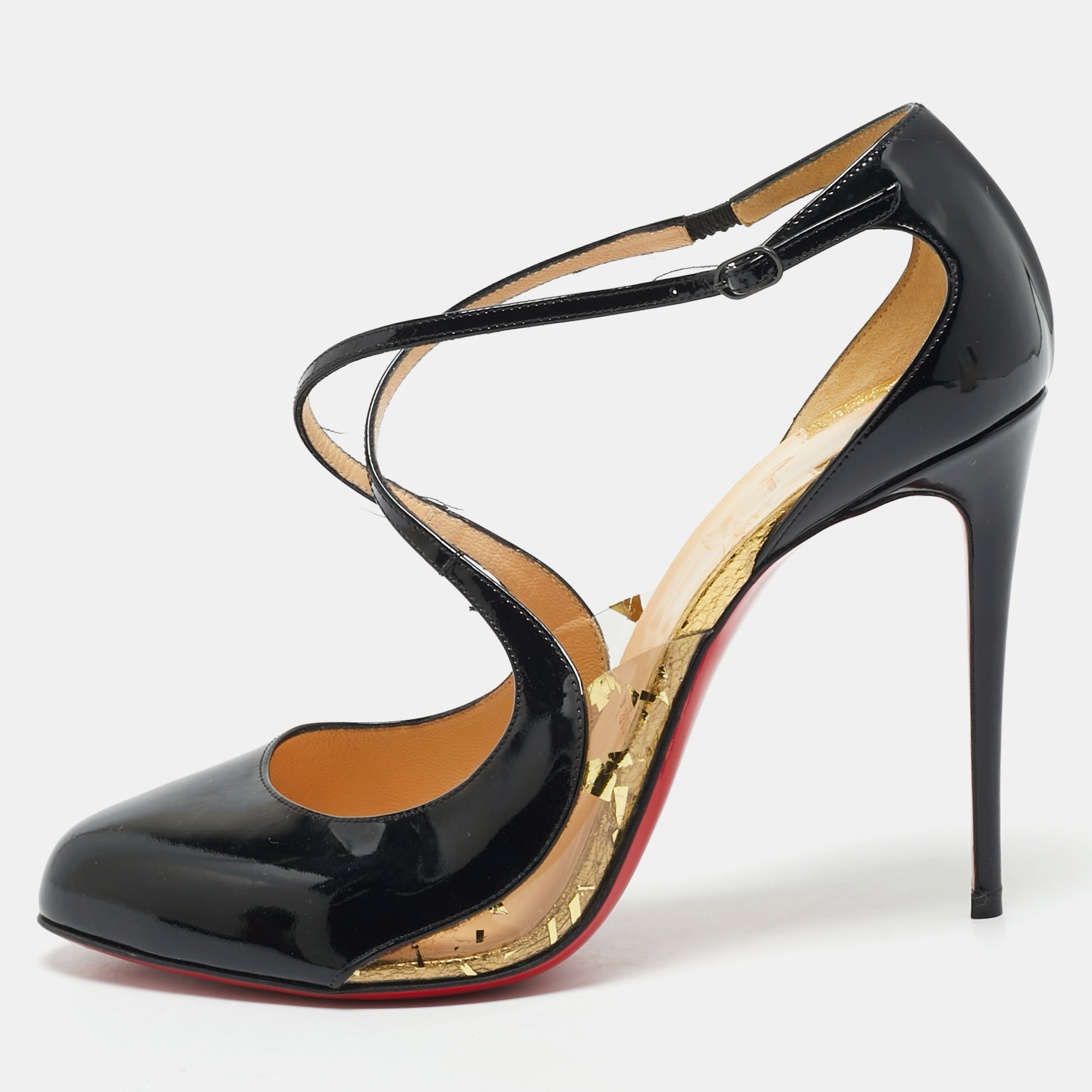 Christian Louboutin Black Patent Leather Crossettinetta Cross Strap Sandals Size 40.5, Pumps - Luxury Closet catalog