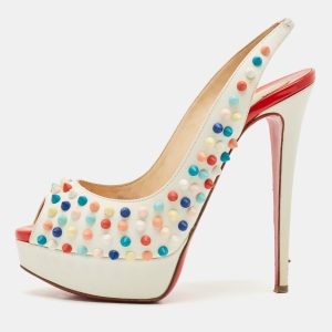 Christian Louboutin White Leather Lady Peep Multicolor Spikes Slingback Sandals Size 38.5, Sandals - Luxury Closet catalog