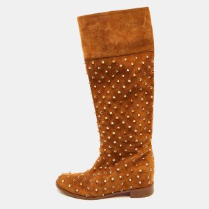 Christian Louboutin Brown Suede Spikes Mid Calf Riding Boots Size 38.5, Boots - Luxury Closet catalog