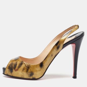 Christian Louboutin Black/Gold Printed Patent Leather No Prive Peep Toe Slingback Sandals Size 39, Pumps - Luxury Closet catalog