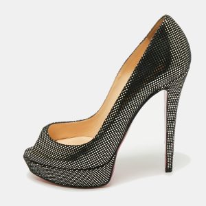 Christian Louboutin Black/Gold Laminated Suede Platform Lady Peep Toe Pumps Size 39, Pumps - Luxury Closet catalog