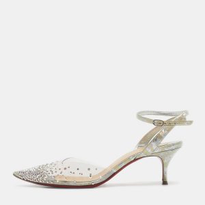 Christian Louboutin Silver Leather and PVC Spikaqueen Ankle Strap Sandals Size 36.5, Sandals - Luxury Closet catalog