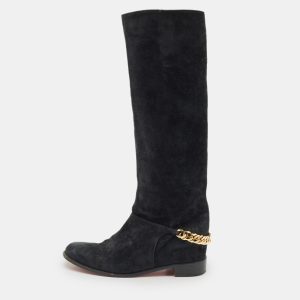 Christian Louboutin Navy Blue Suede Cate Chain-Trimmed Calf-Length Boots Size 37, Boots - Luxury Closet catalog