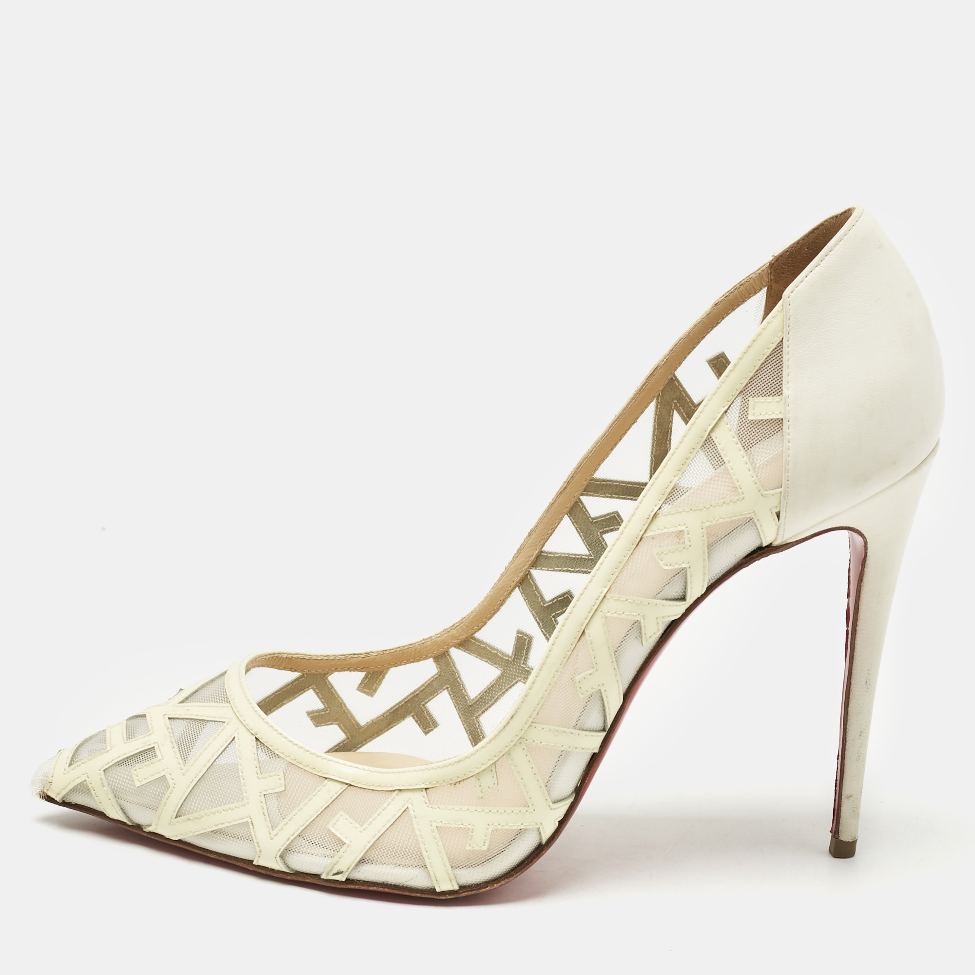 Christian Louboutin Cream Patent Leather and Mesh Tititata Pointed Toe Pumps Size 40, Pumps - Luxury Closet catalog