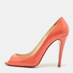 Christian Louboutin Coral Orange Patent Leather Flo Peep Toe Pumps Size 38, Pumps - Luxury Closet catalog