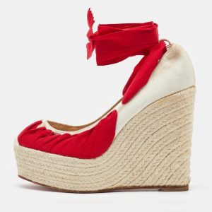 Christian Louboutin Off White/Red Canvas Ibiza Espadrille Platform Wedge Pumps Size 38, Pumps - Luxury Closet catalog