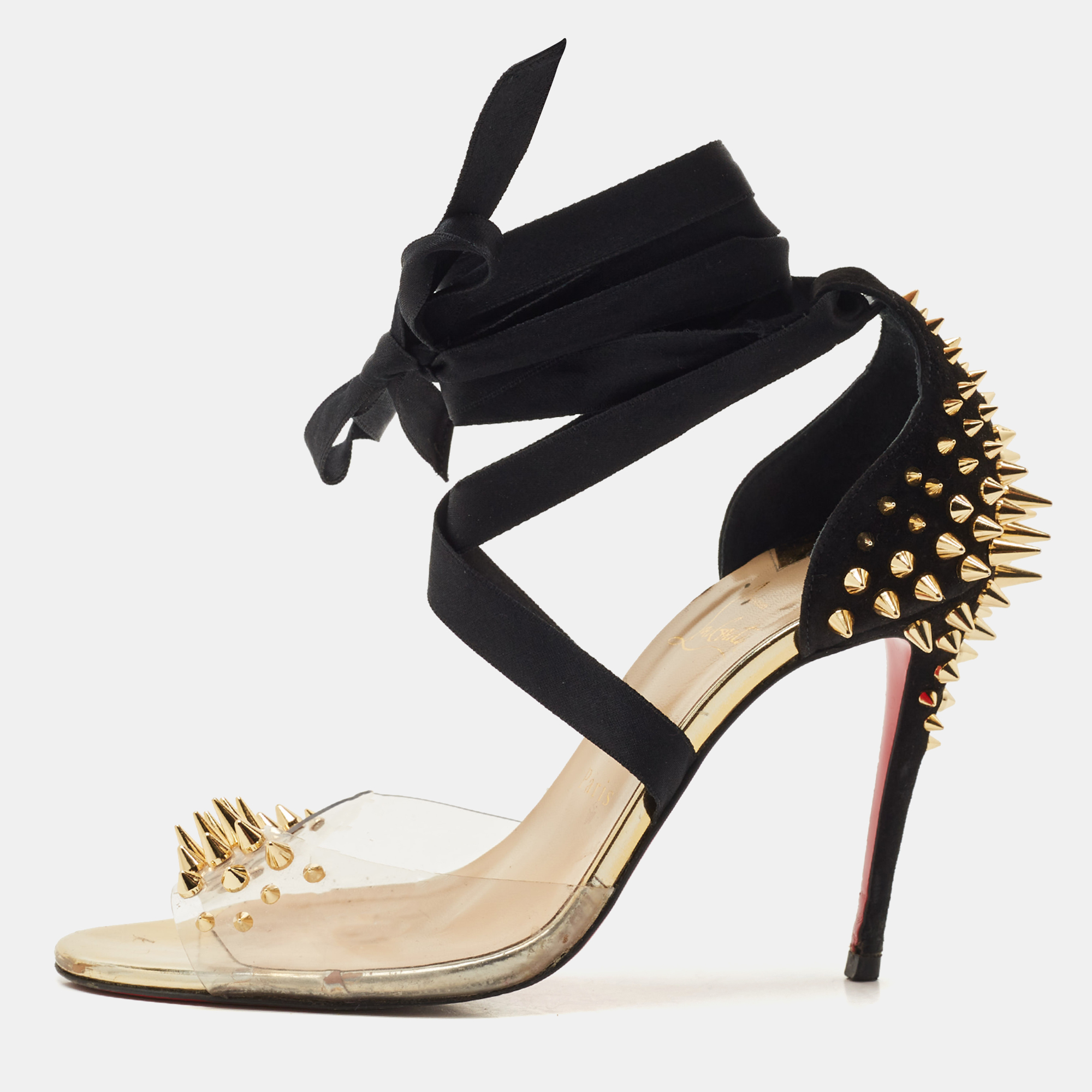 Christian Louboutin Black/Transparent Suede and PVC Barbarissima Spike Wrap Sandals Size 38.5, Sandals - Luxury Closet catalog