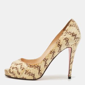 Christian Louboutin Cream/Brown Python Leather New Very Prive Peep Toe Pumps Size 39.5, Pumps - Luxury Closet catalog