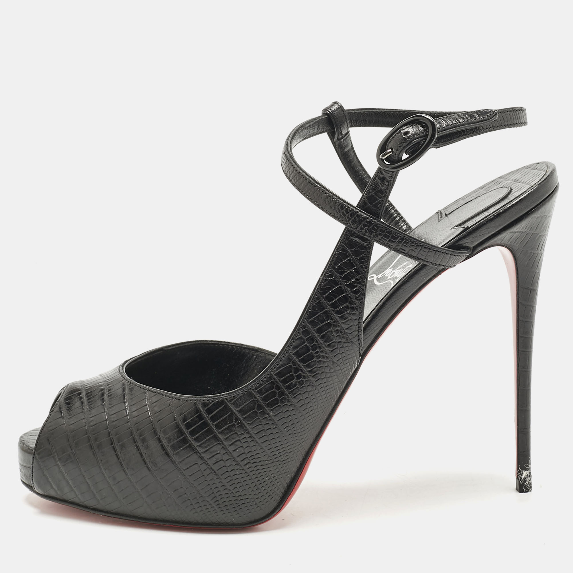 Christian Louboutin Black Croc Embossed Leather Jenlove Alta Peep Toe Ankle Strap Pumps Size 40, Pumps - Luxury Closet catalog