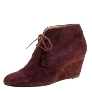 Christian Louboutin Wine Suede Compacta Wedge Heel Lace Up Boots Size 38, Boots - Luxury Closet catalog