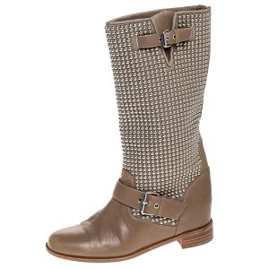 Christian Louboutin Beige Leather Studded Buckle Detail Mid Calf Boots Size 37, Boots - Luxury Closet catalog
