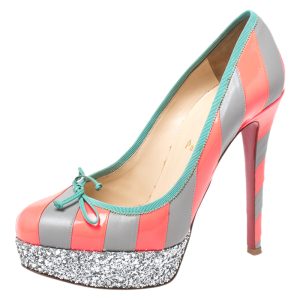 Christian Louboutin Fluorescent Pink/Grey Striped Leather Foraine Glitter Platform Pumps Size 37.5, Pumps - Luxury Closet catalog