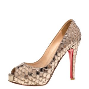 Christian Louboutin Metallic Beige Scaled PVC Poseidon Peep Toe Pumps Size 35.5, Pumps - Luxury Closet catalog