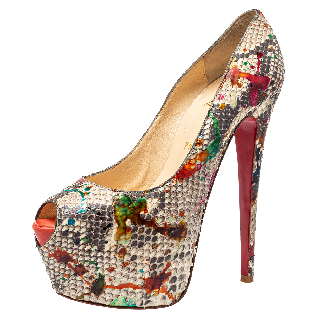 Christian Louboutin Multicolor Python Carnival Highness Peep Toe Platform Pumps Size 38.5, Pumps - Luxury Closet catalog