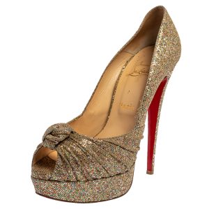 Christian Louboutin Metallic Gold Glitter Fabric Knotted Peep Toe Pumps Size 39, Pumps - Luxury Closet catalog