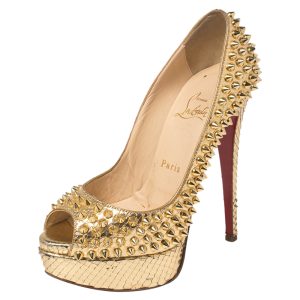 Christian Louboutin Metallic Gold Python Leather Lady Peep Toe Spike Platform Pumps Size 35, Pumps - Luxury Closet catalog