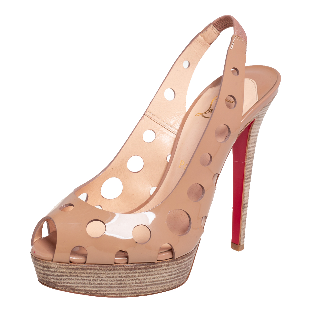 Christian Louboutin Beige Patent Leather Ginza Platform Slingback Sandals Size 38, Pumps - Luxury Closet catalog
