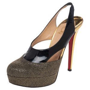 Christian Louboutin Black/Gold Patent and Metallic Mesh Platform Slingback Pumps Size 38.5, Pumps - Luxury Closet catalog