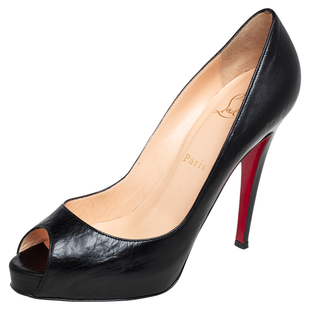 Christian Louboutin Black Leather Very Prive Peep Toe Pumps Size 38.5, Pumps - Luxury Closet catalog