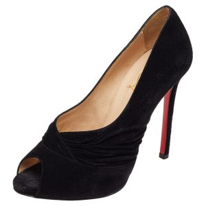 Christian Louboutin Black Suede Ruched Detail Drapadita Peep Toe Pumps Size 37.5, Pumps - Luxury Closet catalog