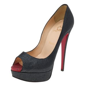 Christian Louboutin Black Shimmer Fabric New Very Prive Peep Toe Platform Pumps Size 38.5, Pumps - Luxury Closet catalog