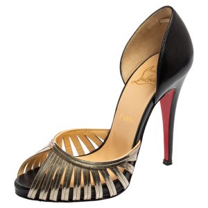 Christian Louboutin Black/Gold Leather and Metal Corpus Peep-Toe Pumps Size 37, Pumps - Luxury Closet catalog