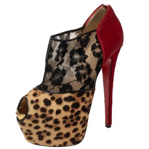 Christian Louboutin Leopard Print/Red Pony Hair and Black Lace Aeronotoc Booties Size 37.5, Boots - Luxury Closet catalog