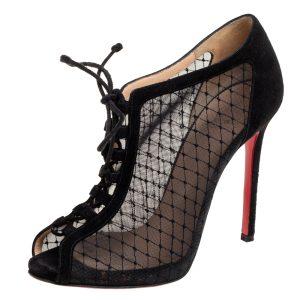 Christian Louboutin Black Mesh and Suede Lace-Up Peep-Toe Booties Size 38.5, Boots - Luxury Closet catalog