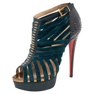 Christian Louboutin Dark Teal Suede and Python Leather Caged Karina Booties Size 38.5, Boots - Luxury Closet catalog