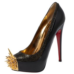 Christian Louboutin Black/Gold Patent Leather and Lurex Fabric Asteroid Spike Pumps Size 39.5, Pumps - Luxury Closet catalog