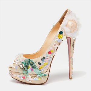 Christian Louboutin Beige Satin 'Make Up Trash' Lady Peep-Toe Pumps Size 38, Pumps - Luxury Closet catalog