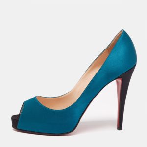 Christian Louboutin Blue/Black Satin Very Prive Peep Toe Platform Pumps Size 40, Pumps - Luxury Closet catalog