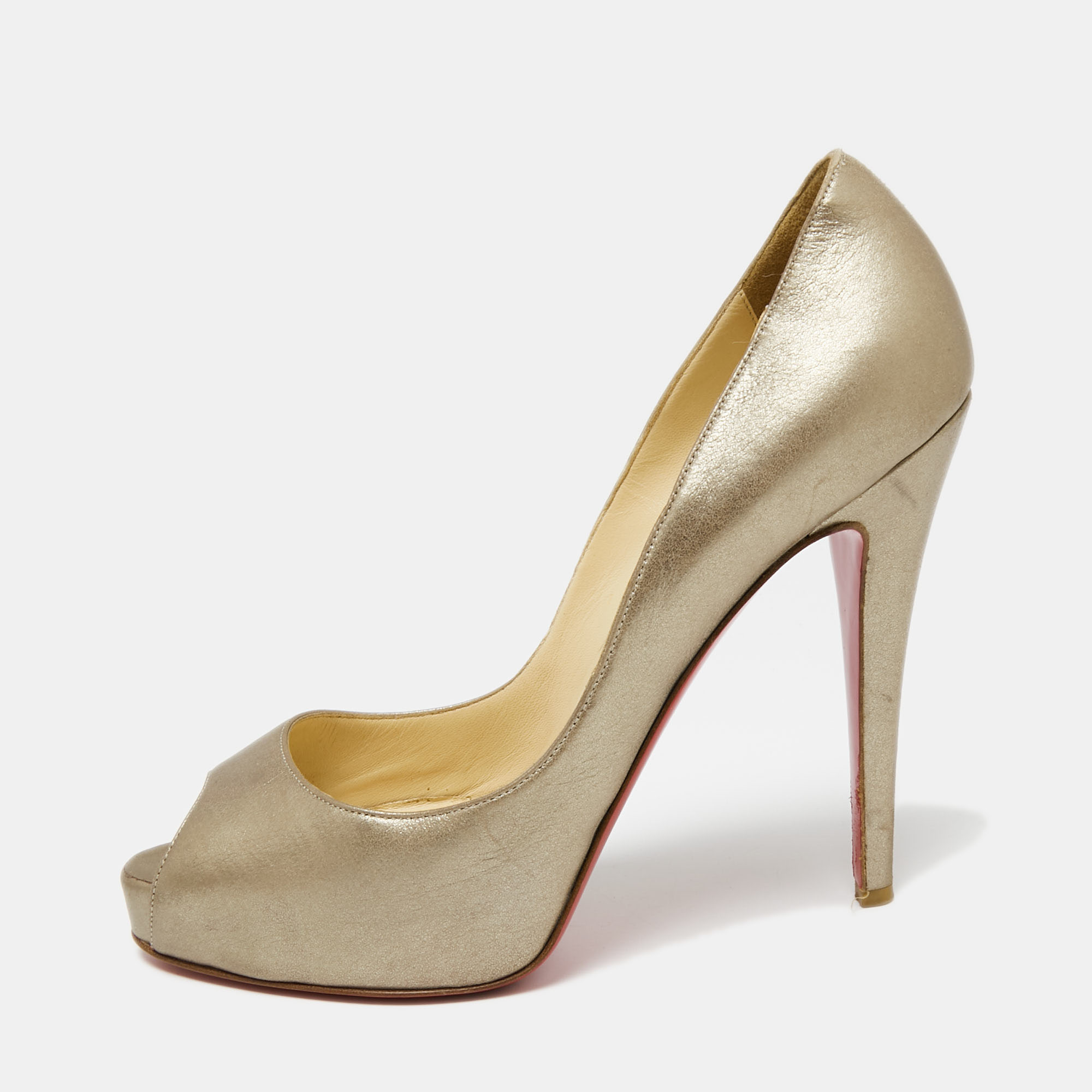 Christian Louboutin Metallic Beige Leather Very Prive Peep-Toe Pumps Size 37.5, Pumps - Luxury Closet catalog