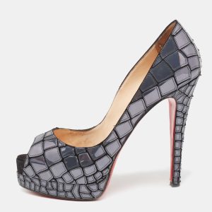 Christian Louboutin Slate Grey/Black Patent Leather and Satin Mosaic Sobek Peep-Toe Platform Pumps Size 39, Pumps - Luxury Closet catalog