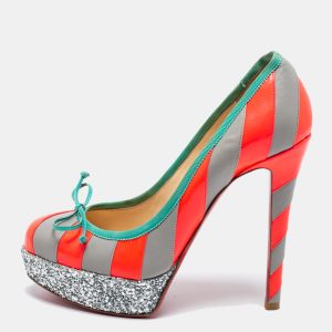 Christian Louboutin Grey/Neon Pink Striped Leather Foraine Glitter Platform Pumps Size 35.5, Pumps - Luxury Closet catalog