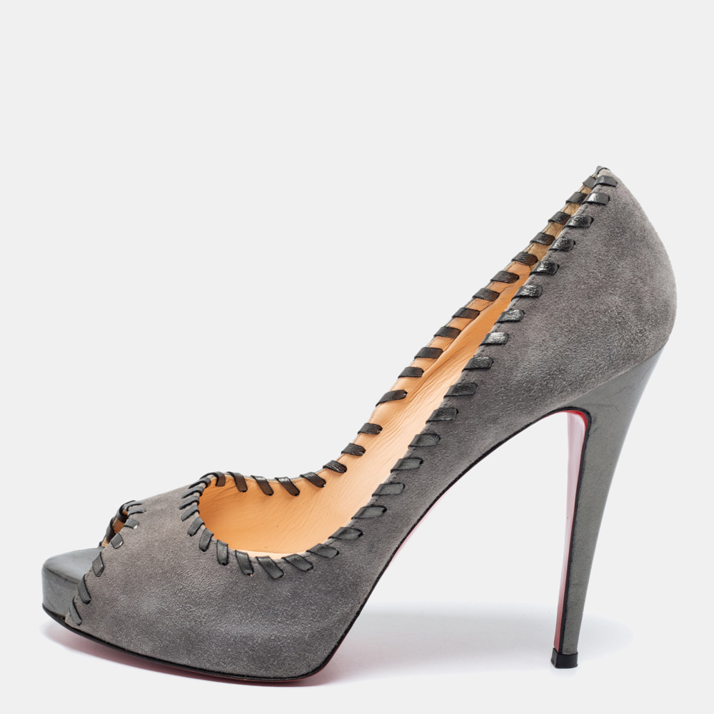 Christian Louboutin Grey Suede Whipstitch Very Prive Peep-Toe Pumps Size 41, Pumps - Luxury Closet catalog